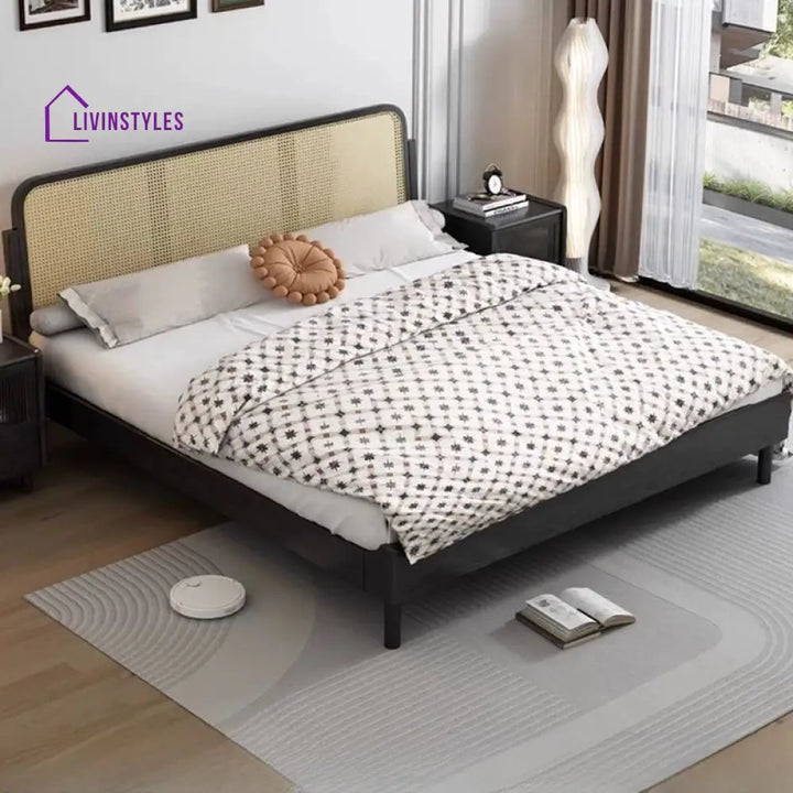 Aakesh Solid Wood And Cane Weaving Bed without Storage
