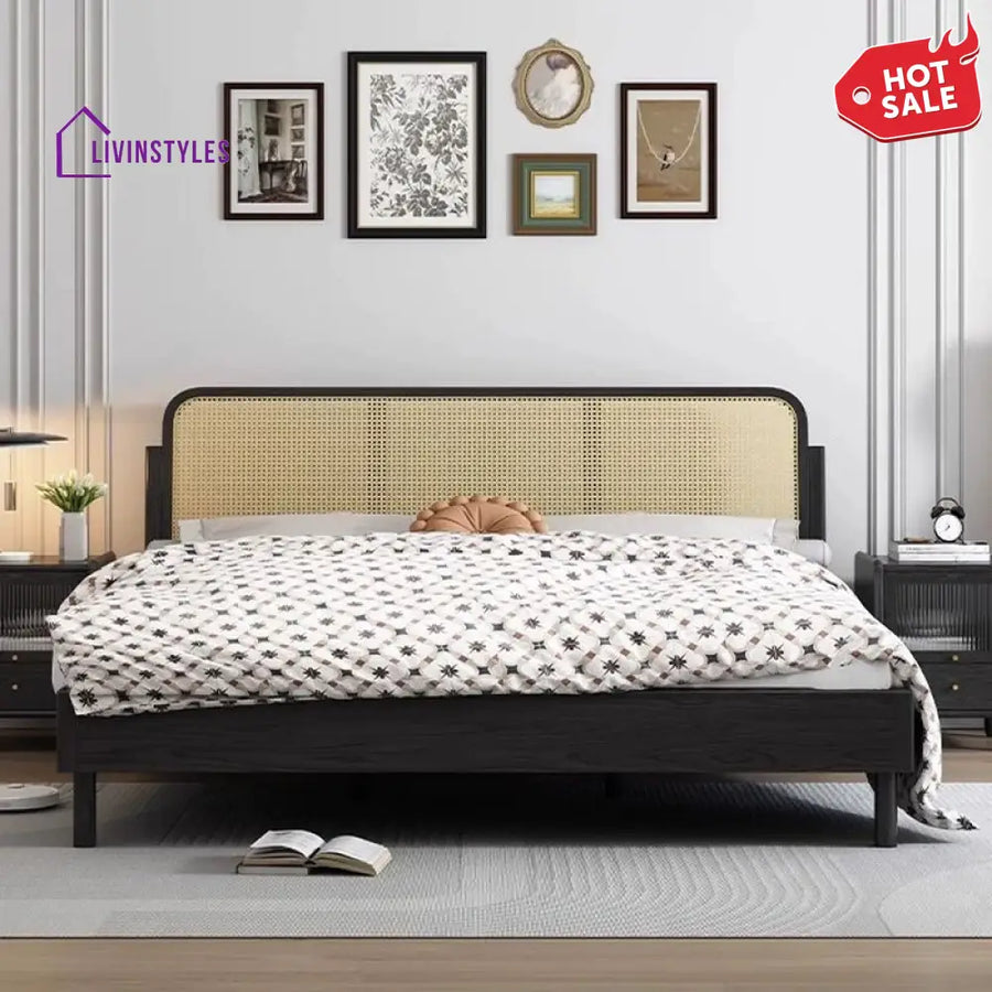 Aakesh Solid Wood And Cane Weaving Bed without Storage
