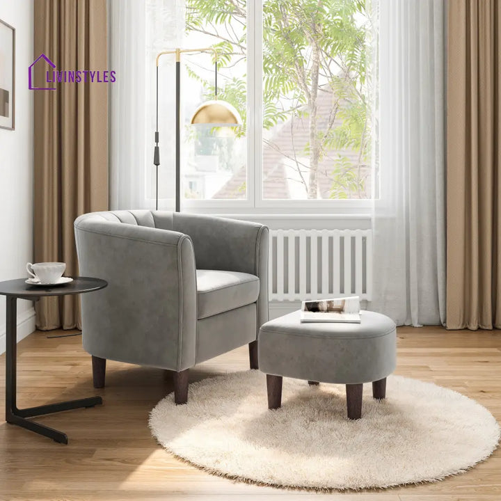 Aalina Solid Wood and Fabric Arm Chair | Living Room Chair | Lounge Chair + Ottoman