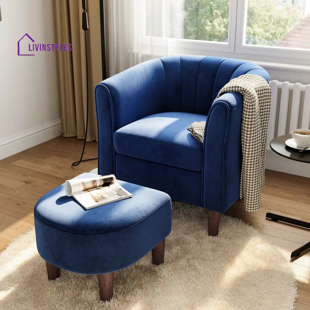 Aalina Solid Wood and Fabric Arm Chair | Living Room Chair | Lounge Chair + Ottoman