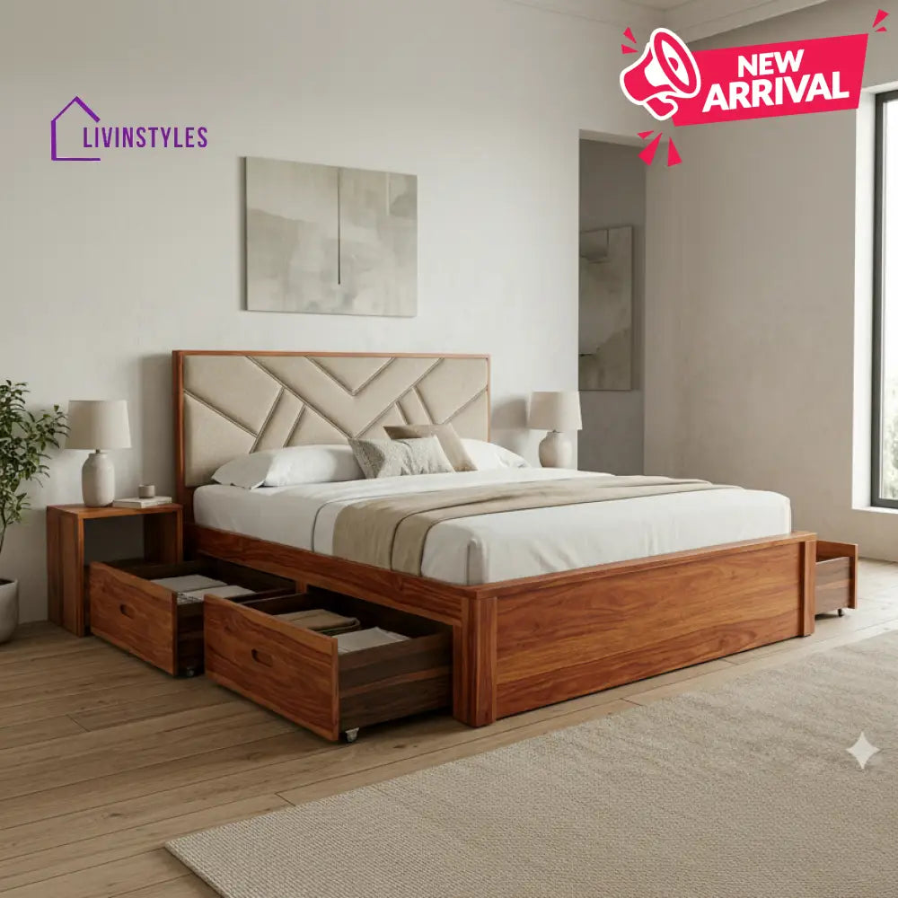 Aaliyah Premium Sheesham Wood Bed with Fabric Headboard