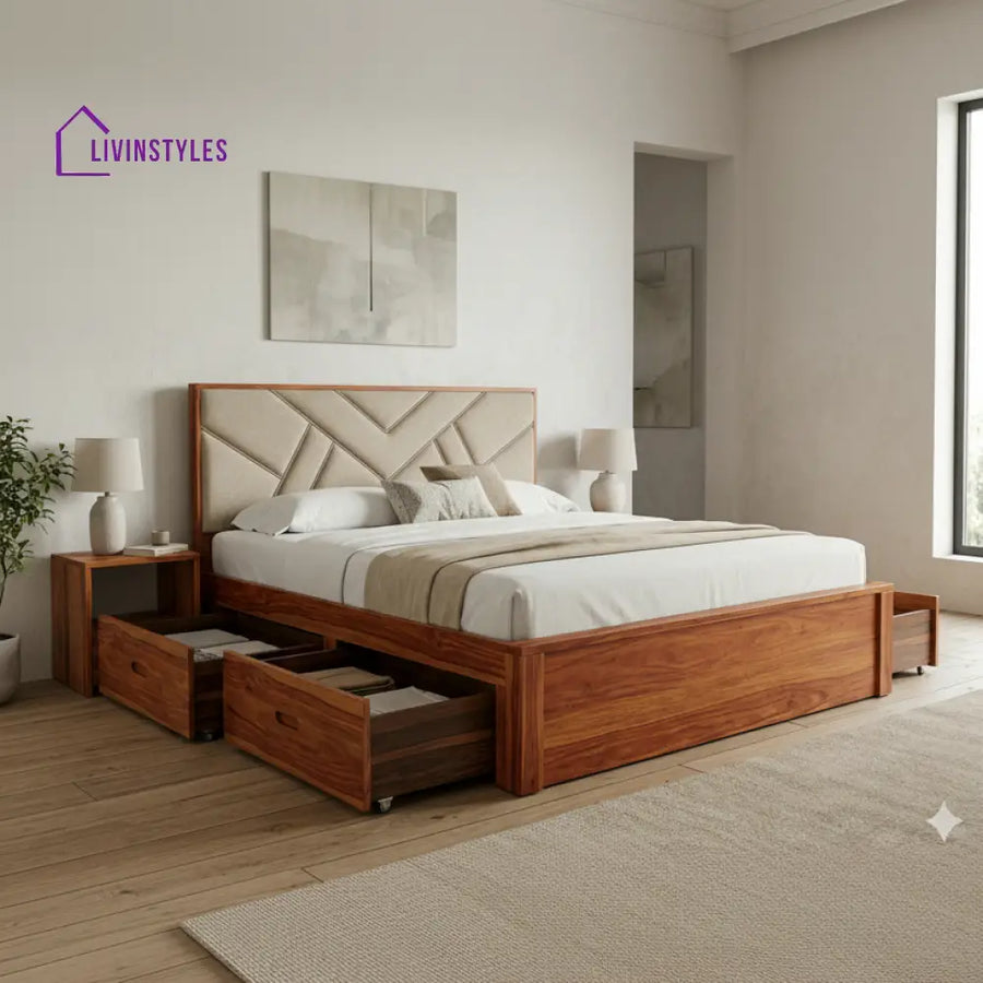 Aaliyah Premium Sheesham Wood Bed with Fabric Headboard