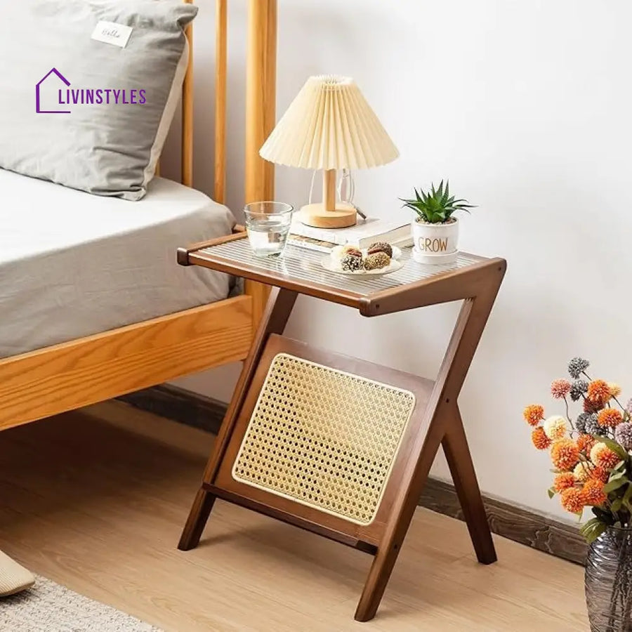 Aanya Cane Weaving and Fluted Glass Top Solid Wood Side Table