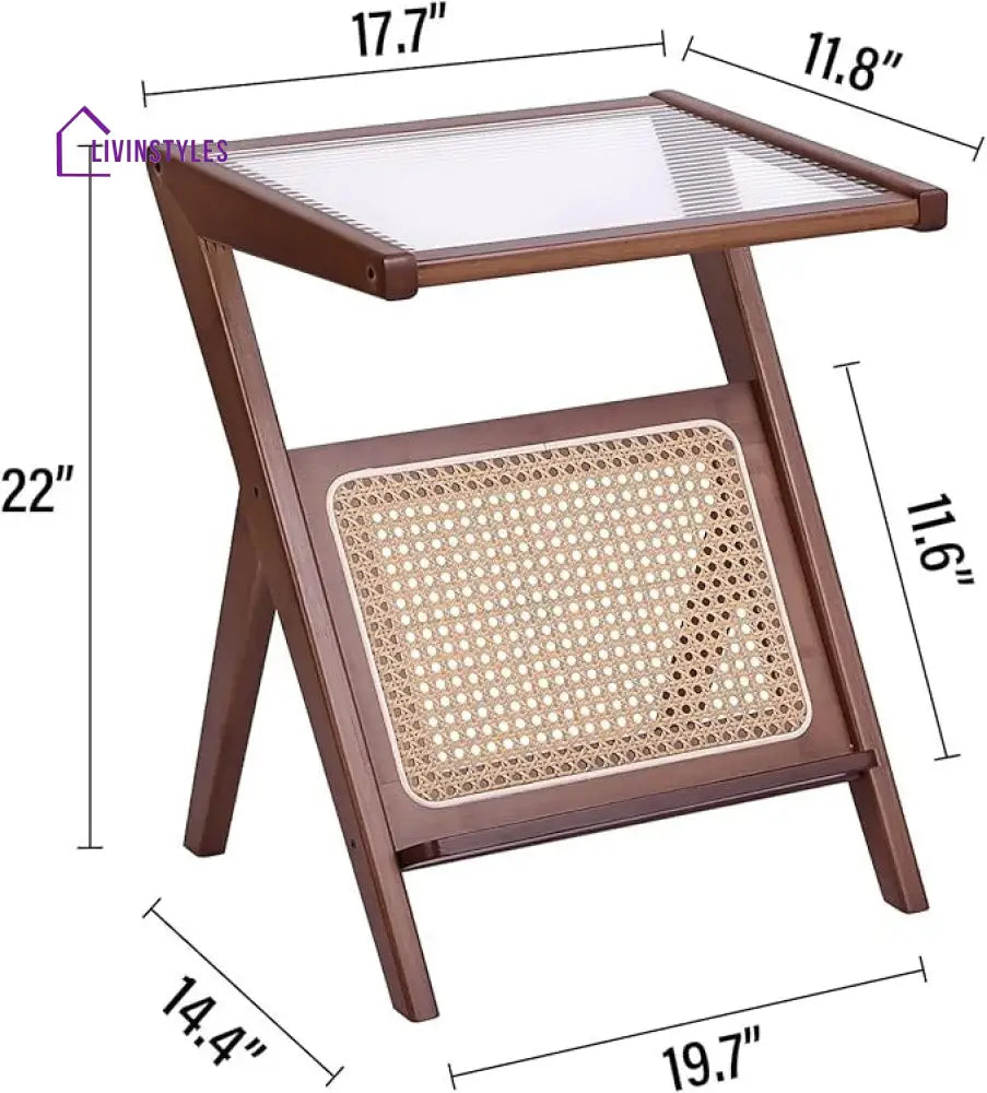 Aanya Cane Weaving and Fluted Glass Top Solid Wood Side Table