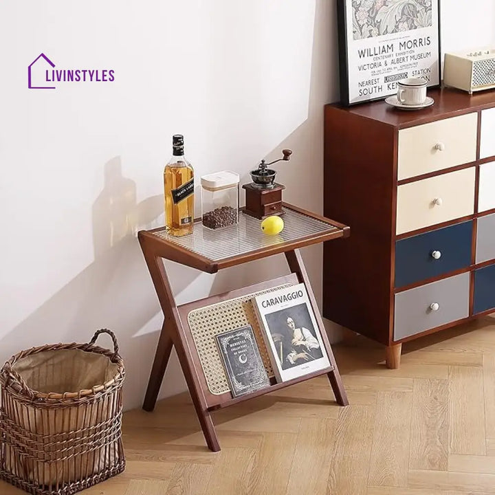Aanya Cane Weaving and Fluted Glass Top Solid Wood Side Table