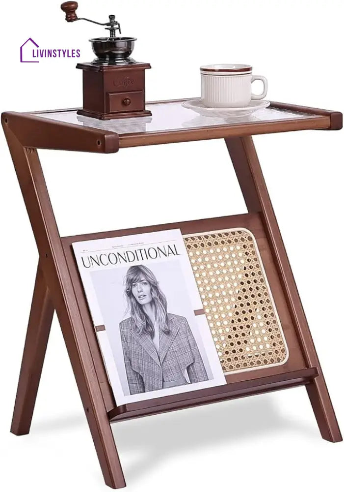 Aanya Cane Weaving and Fluted Glass Top Solid Wood Side Table