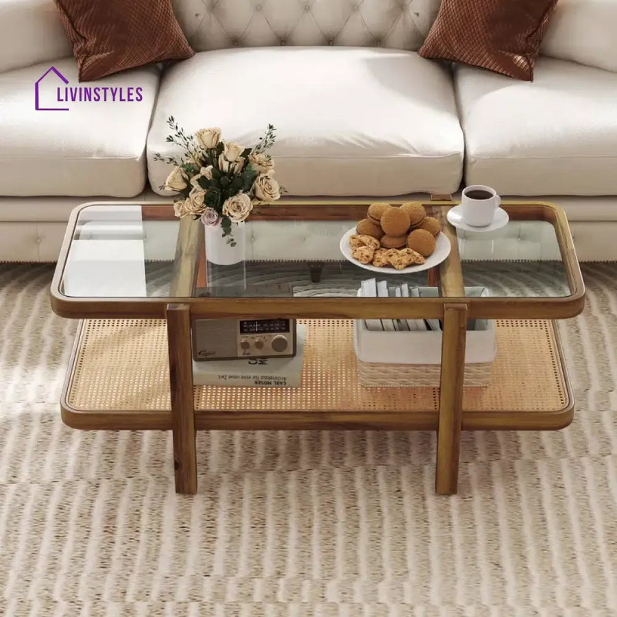 Aaradhya Solid Wood Coffee Table with Cane Weaving and Glass Top