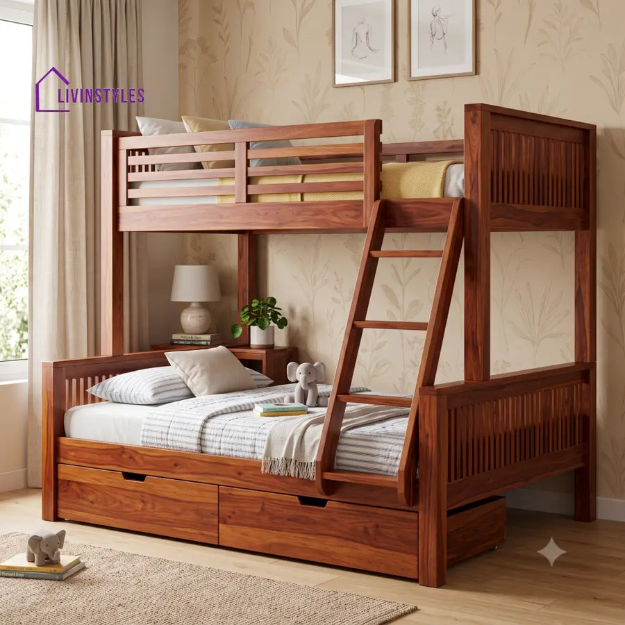 Aarav Sheesham Wood Bunk Bed With Storage | Kids Bed