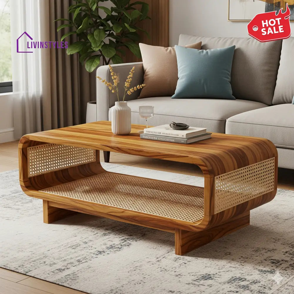 Aarav Sheesham Wood & Cane Coffee Table for Living Room – Honey Finish