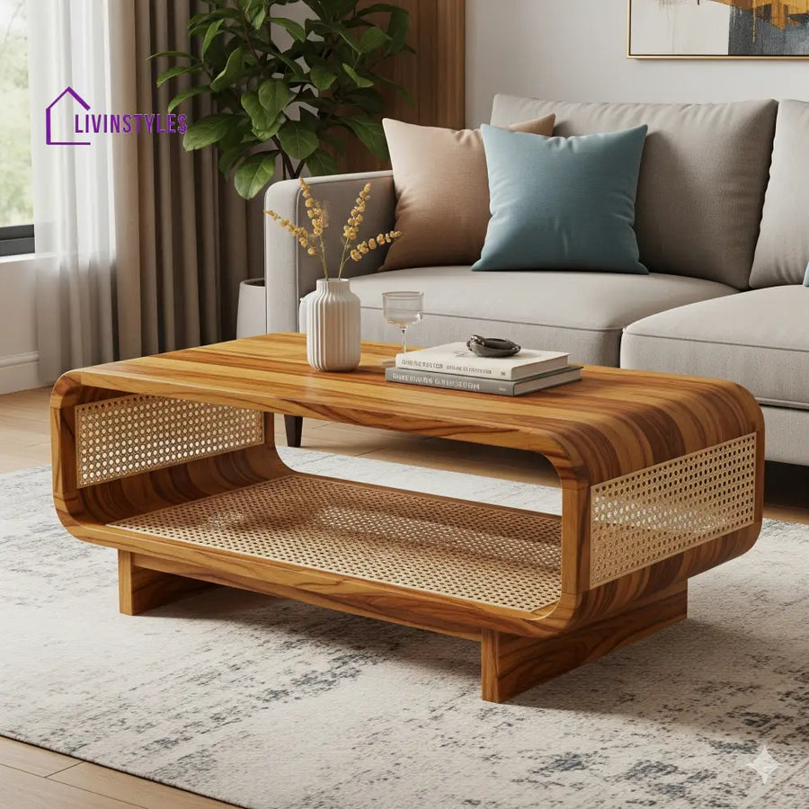 Aarav Sheesham Wood & Cane Coffee Table for Living Room – Honey Finish