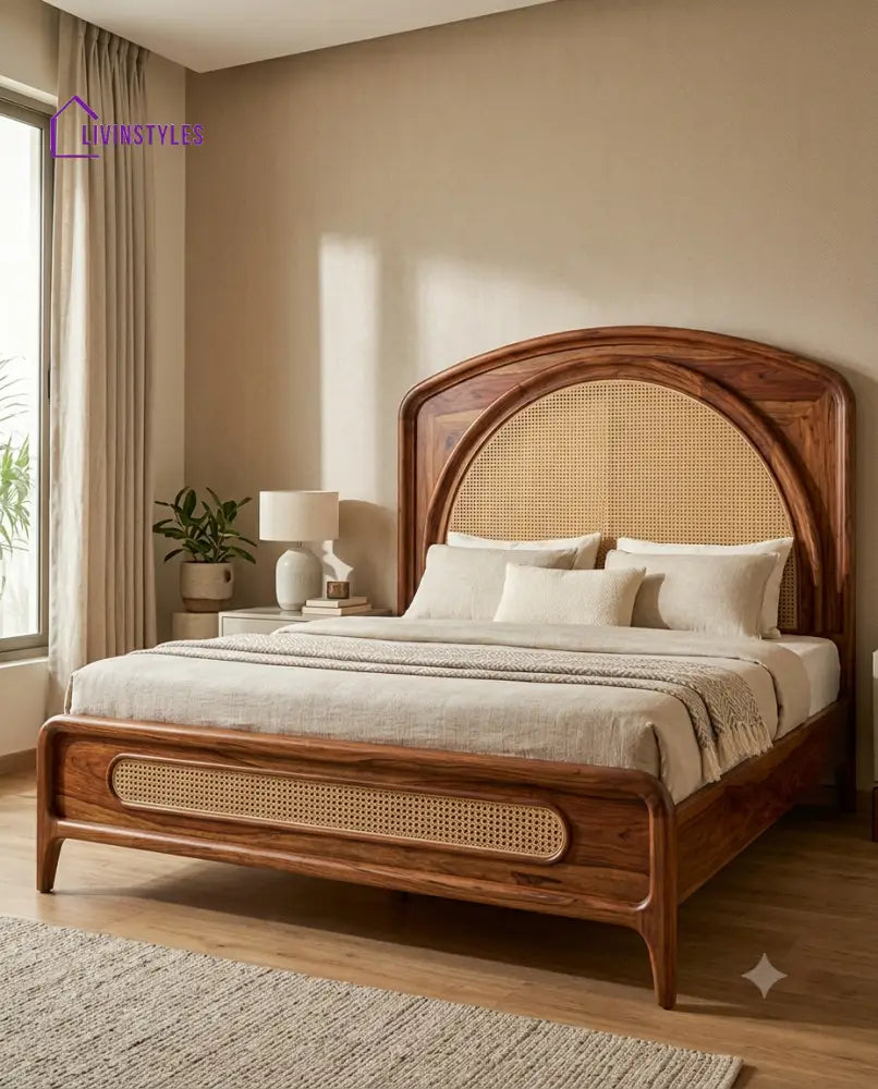 Aarav Wooden Bed with Cane Weaving Headboard Design | Bed without Storage