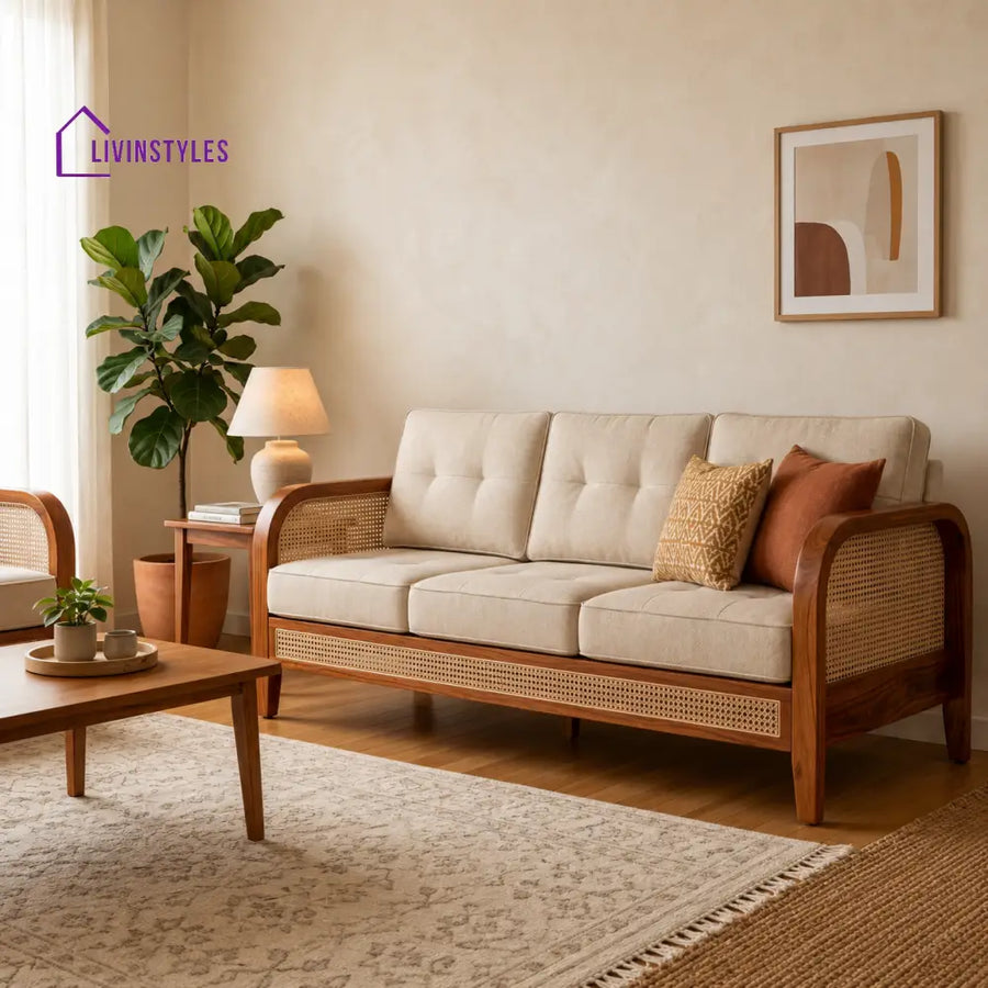 Aarti Sheesham Wood and Cane Sofa for Living Room