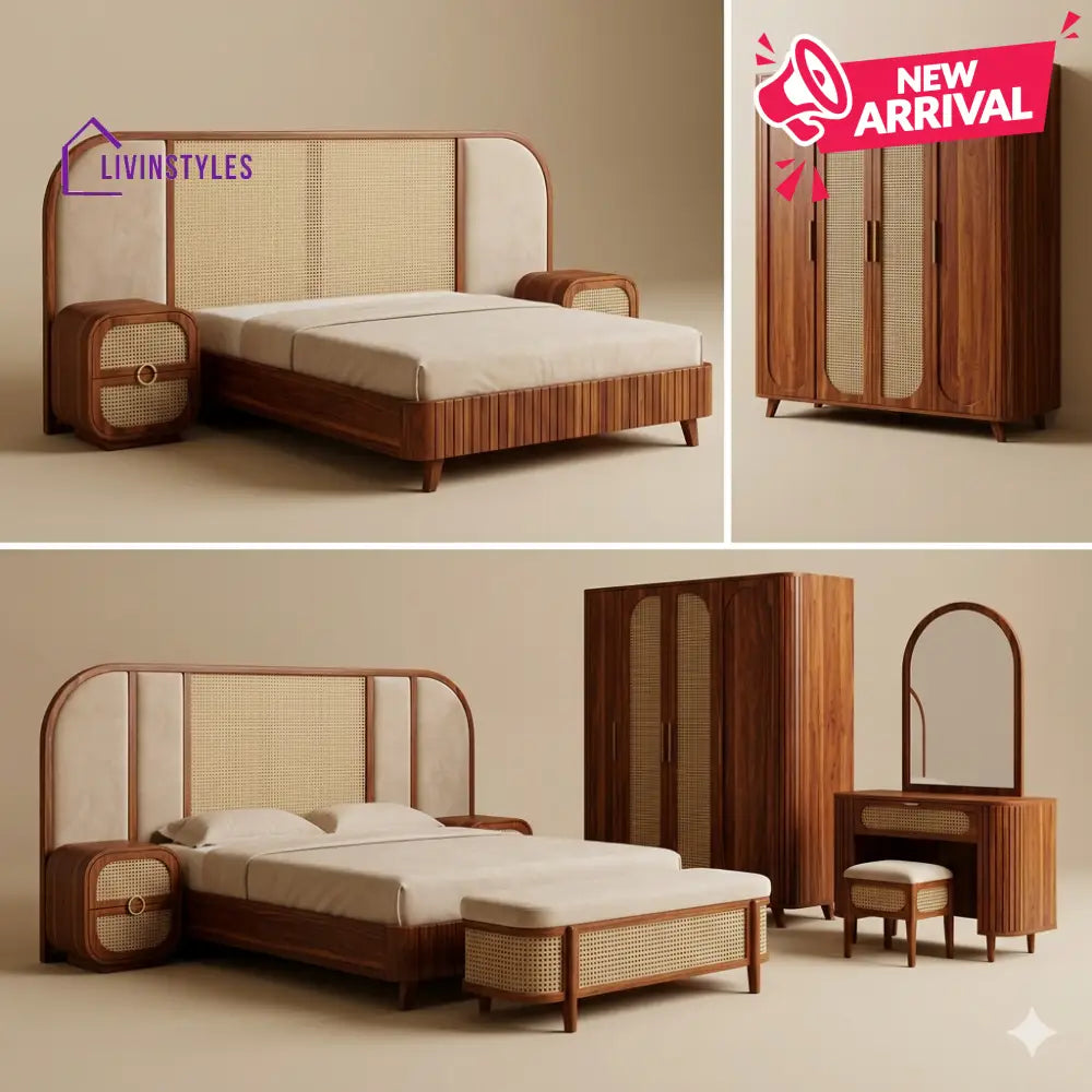 Aarti Solid Sheesham Wood Bedroom Set with Bed Bedside Tables Bench Wardrobe & Dresser