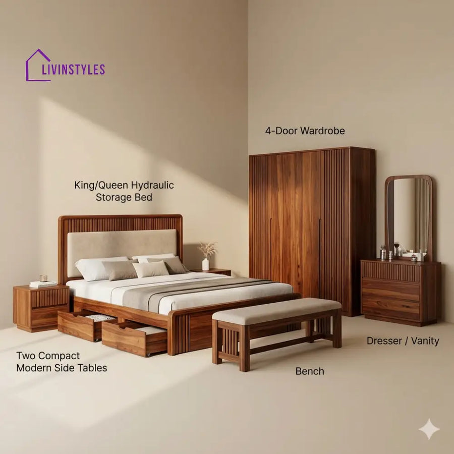 Aarti Solid Sheesham Wood Bedroom Set with Bed Bedside Tables Bench Wardrobe & Dresser