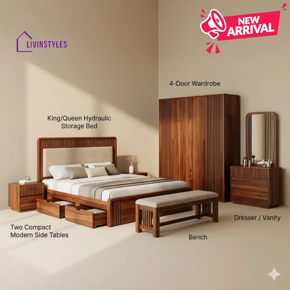 Aarti Solid Sheesham Wood Bedroom Set with Bed Bedside Tables Bench Wardrobe & Dresser