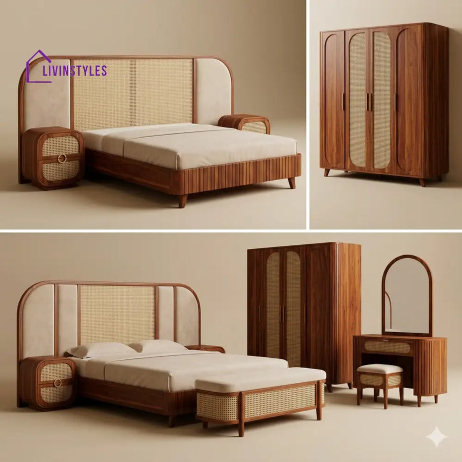Aarti Solid Sheesham Wood Bedroom Set with Bed Bedside Tables Bench Wardrobe & Dresser