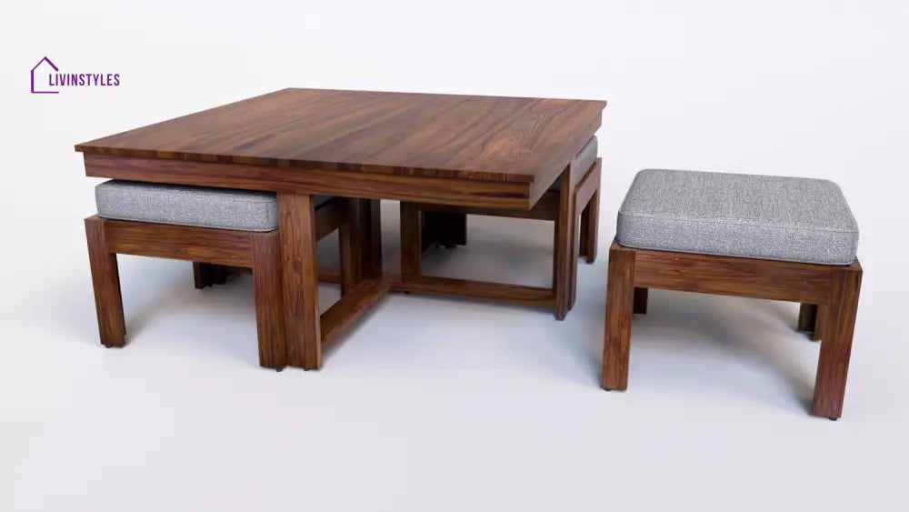 Aarush Sheesham Wood Low Height Coffee Table with 4 Stools (W96*D96*H47cm) Coffee Table