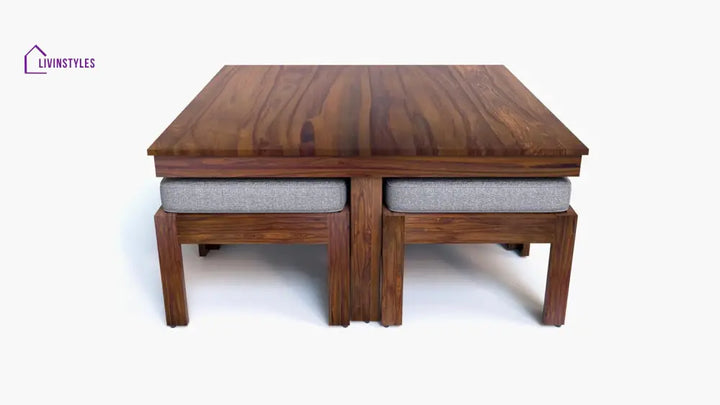 Aarush Sheesham Wood Low Height Coffee Table with 4 Stools (W96*D96*H47cm) Coffee Table