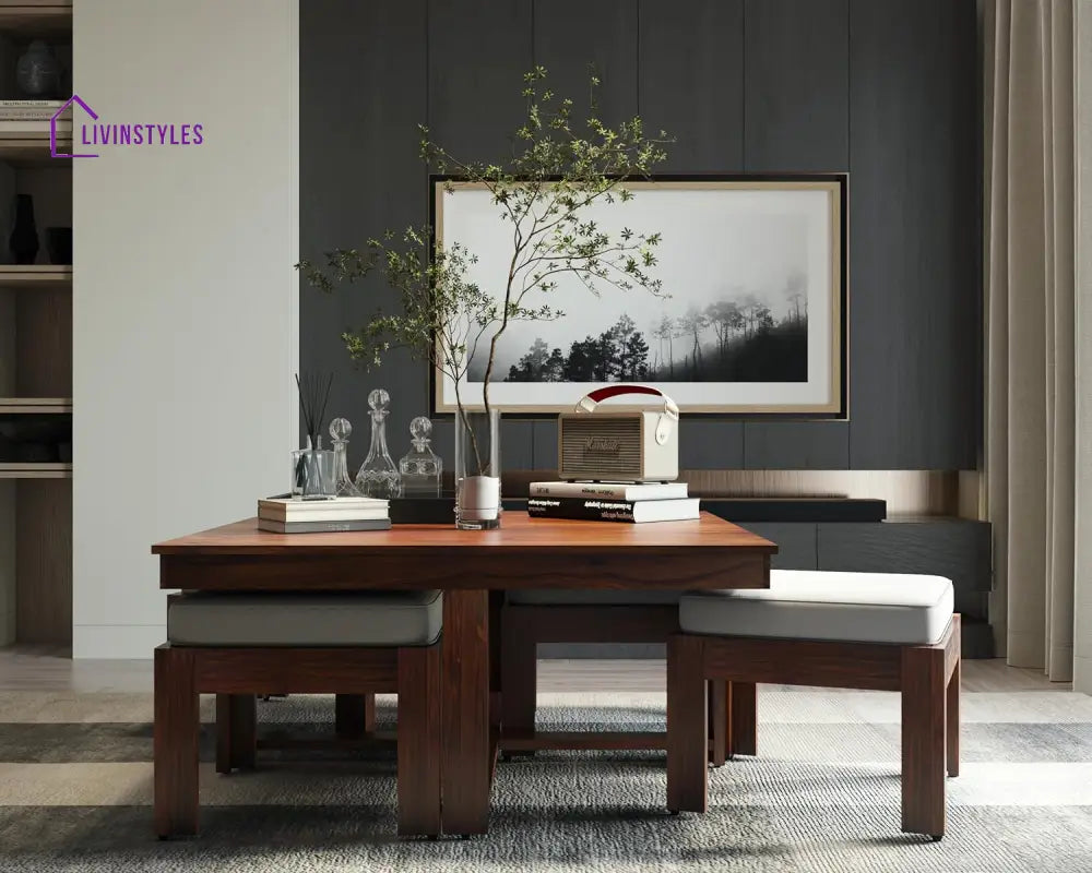 Aarush Sheesham Wood Low Height Coffee Table with 4 Stools (W96*D96*H47cm) Coffee Table