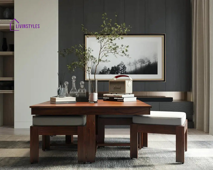Aarush Sheesham Wood Low Height Coffee Table with 4 Stools (W96*D96*H47cm) Coffee Table