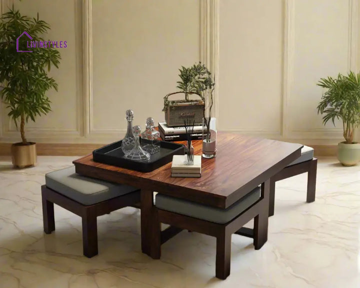 Aarush Sheesham Wood Low Height Coffee Table with 4 Stools (W96*D96*H47cm) Coffee Table