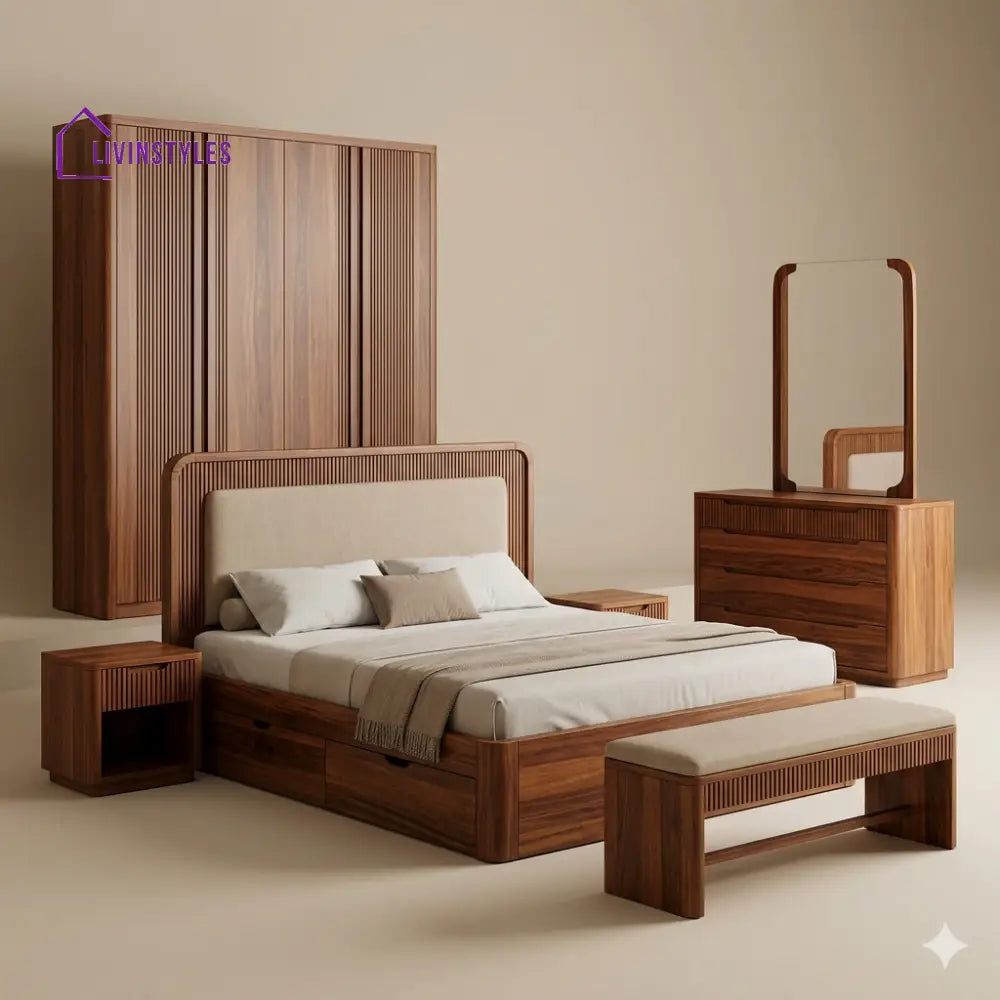 Abhay Solid Sheesham Wood Bedroom Set with Bed Bedside Tables Bench Wardrobe & Dresser