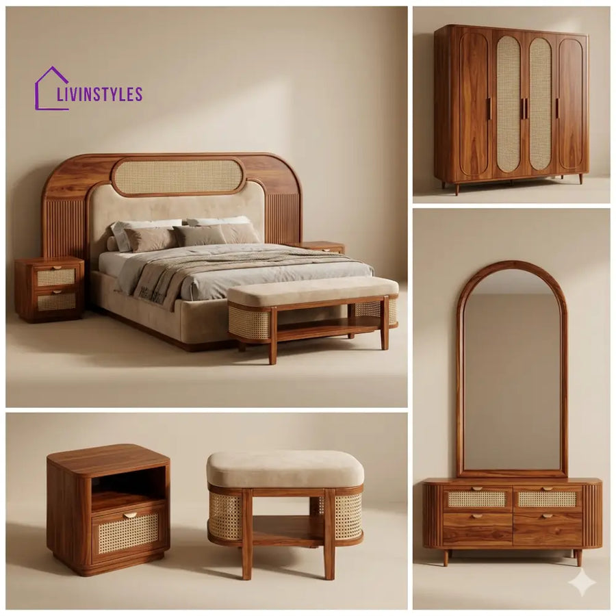 Abhay Solid Sheesham Wood Bedroom Set with Bed Bedside Tables Bench Wardrobe & Dresser