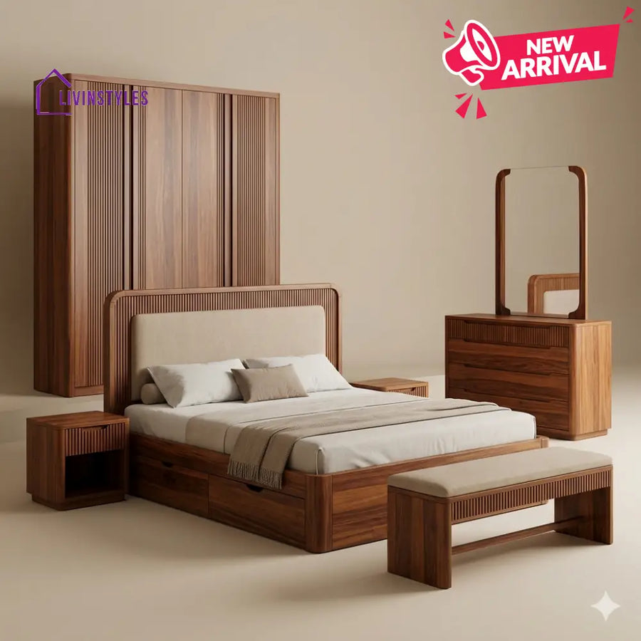 Abhay Solid Sheesham Wood Bedroom Set with Bed Bedside Tables Bench Wardrobe & Dresser
