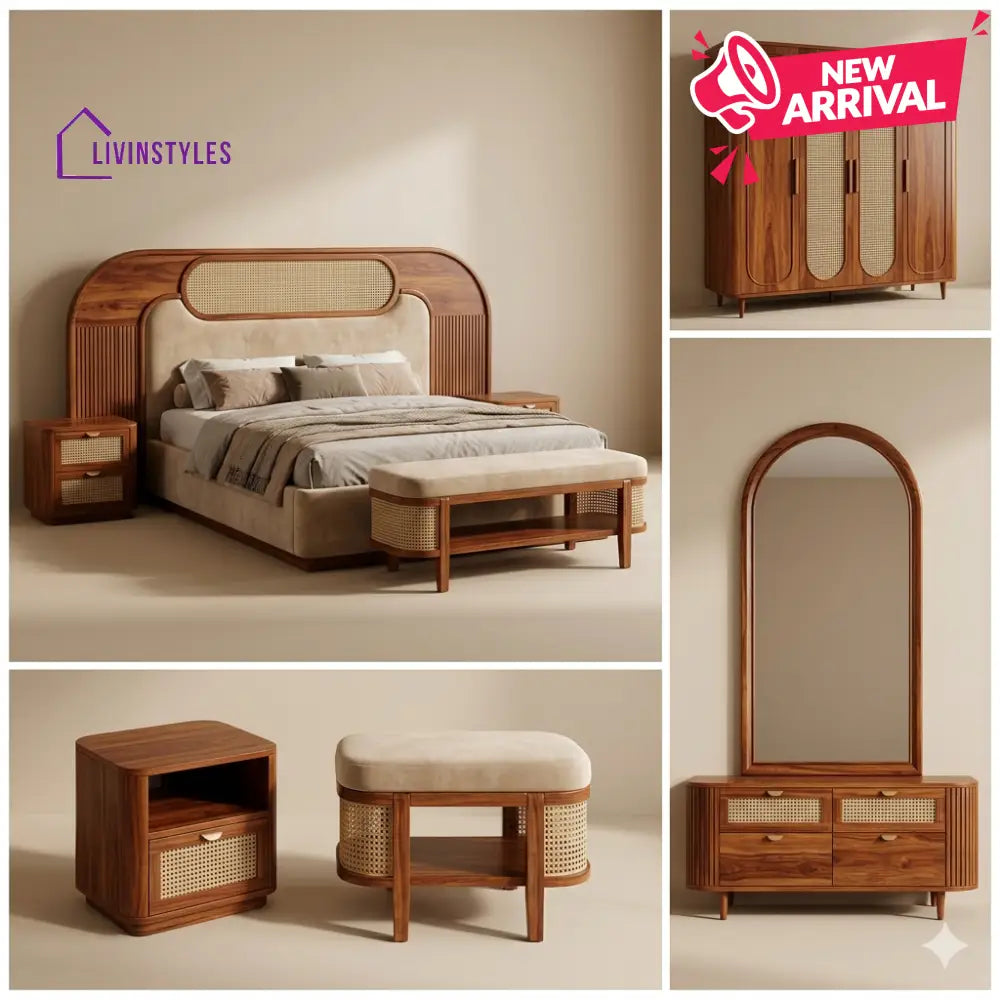 Abhay Solid Sheesham Wood Bedroom Set with Bed Bedside Tables Bench Wardrobe & Dresser