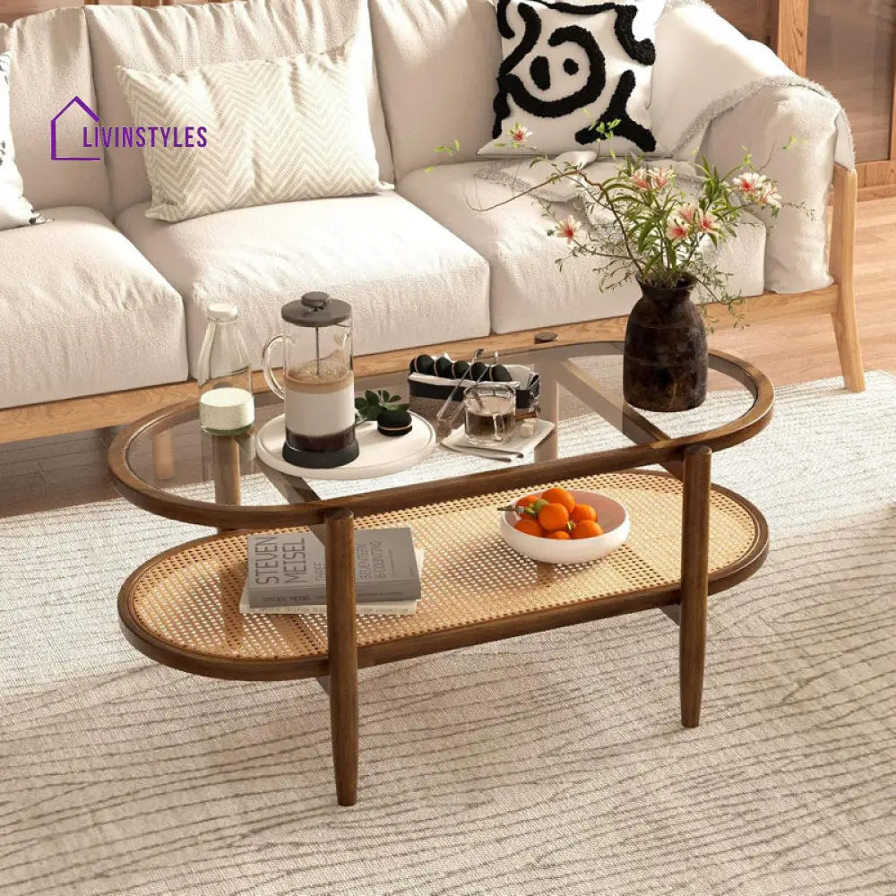 Abhay Solid Wood And Cane Coffee Table For Living Room