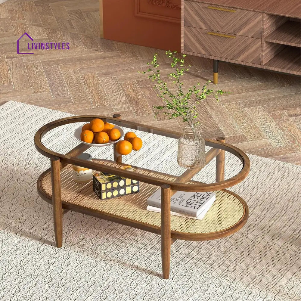 Abhay Solid Wood And Cane Coffee Table For Living Room
