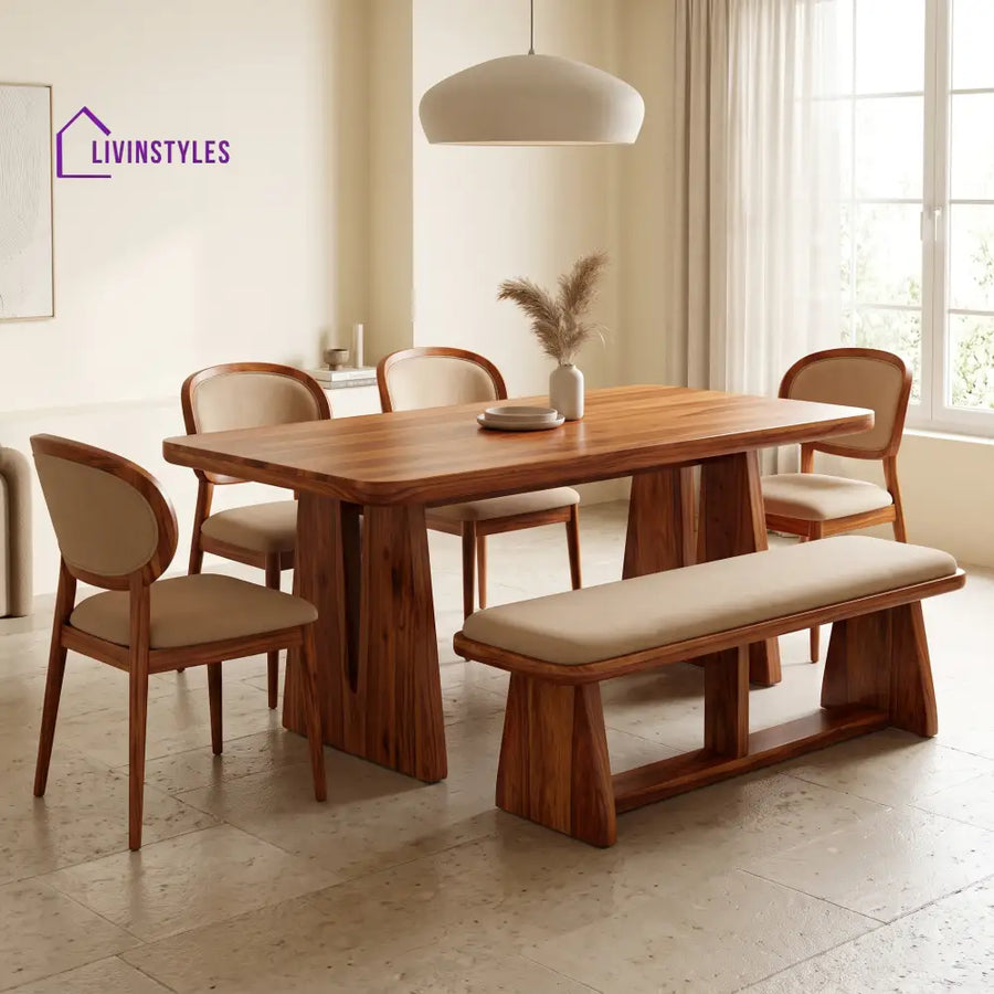 Abimbola Wooden 6 Seater Dining Table Set | 4 Chairs and 1 Bench | Table 72 X 36 X 30 Inch