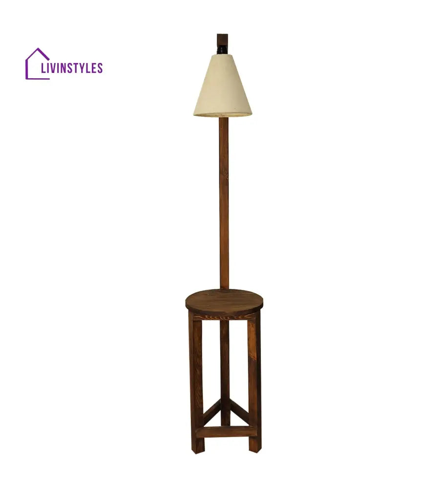 Accent Wooden Floor Lamp With Brown Base And Beige Fabric Lampshade Lamps