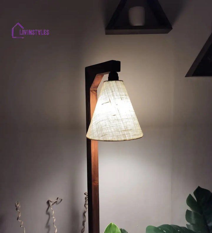Accent Wooden Floor Lamp With Brown Base And Beige Fabric Lampshade Lamps