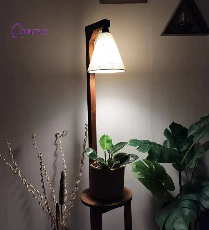 Accent Wooden Floor Lamp With Brown Base And Beige Fabric Lampshade Lamps