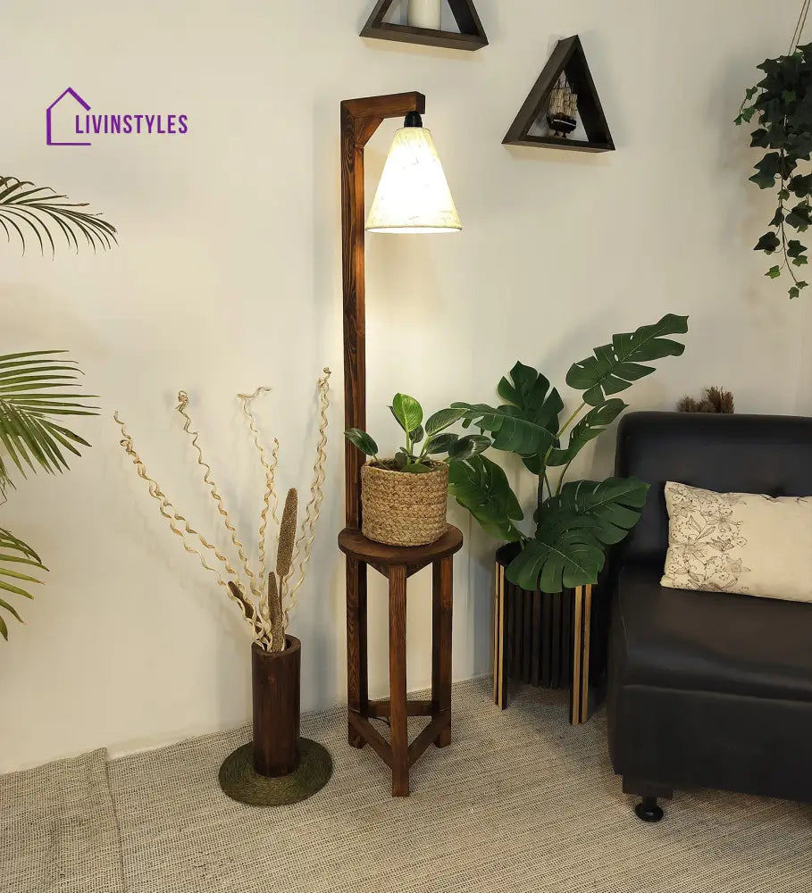 Accent Wooden Floor Lamp With Brown Base And Beige Fabric Lampshade Lamps