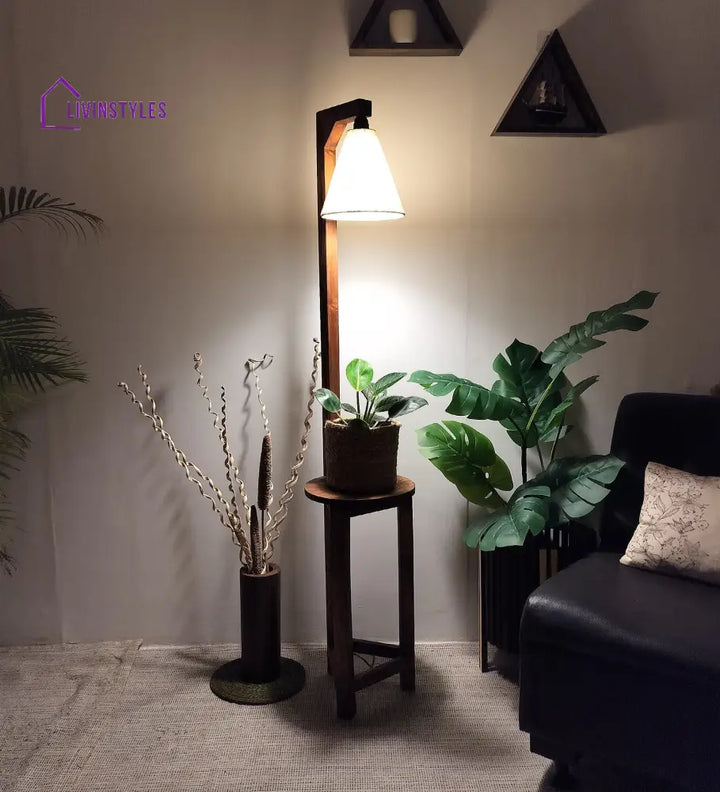 Accent Wooden Floor Lamp With Brown Base And Beige Fabric Lampshade Lamps