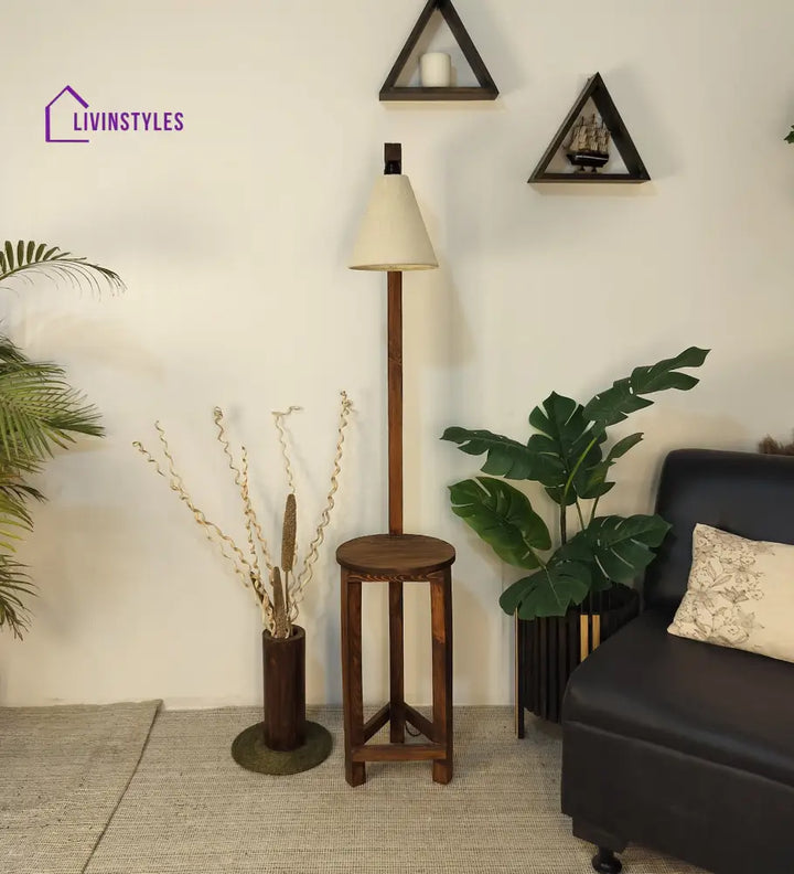 Accent Wooden Floor Lamp With Brown Base And Beige Fabric Lampshade Lamps