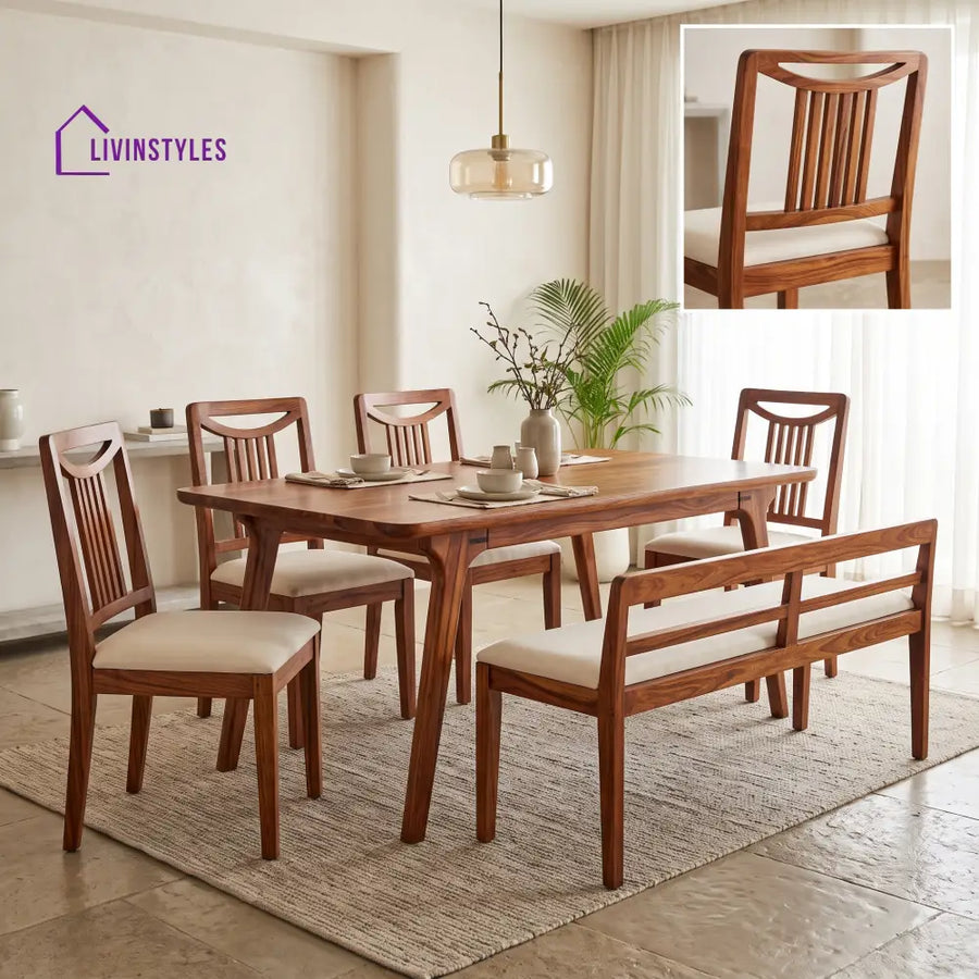 Adaku Wooden 6 Seater Dining Table Set | 4 Chairs and 1 Bench | Table 72 X 36 X 30 Inch