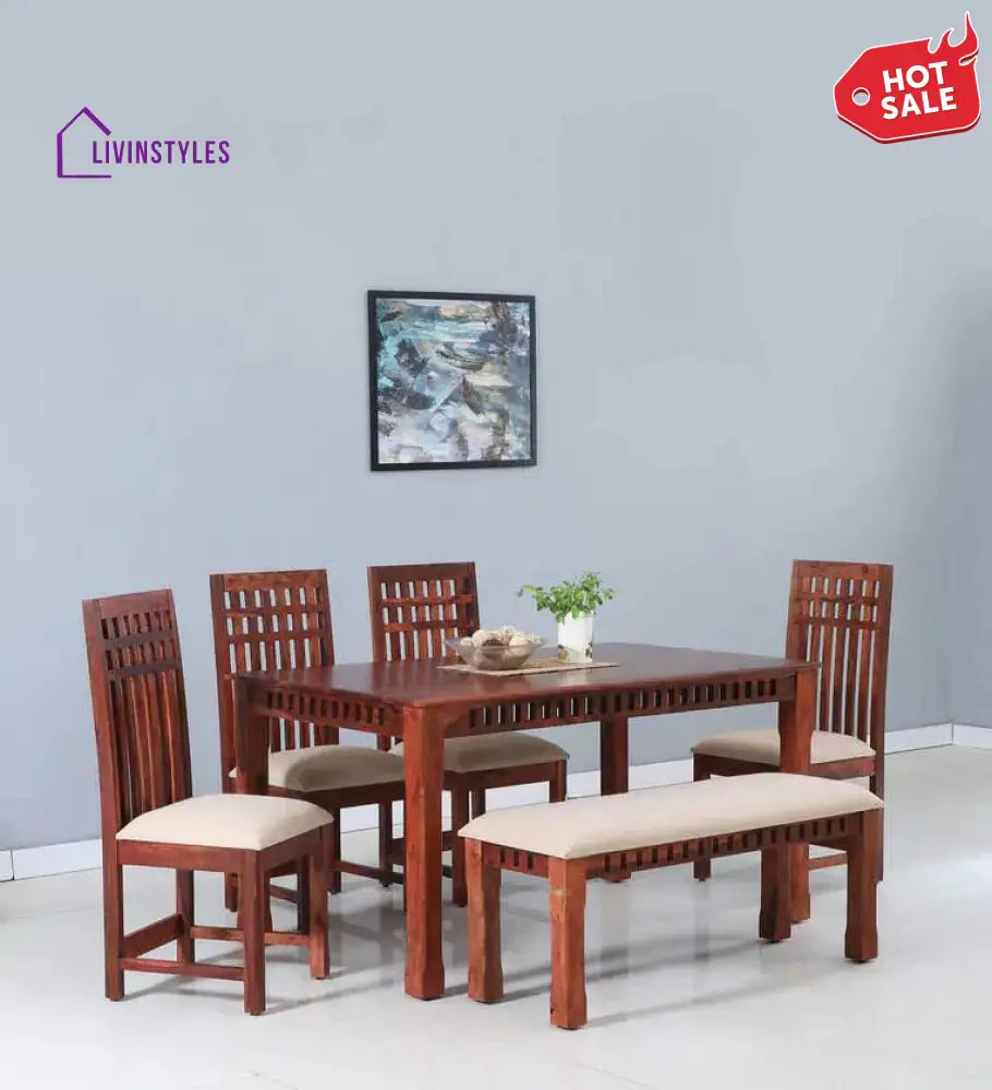 Adam Sheesham Wood 6 Seater Dining Set In Honey Finish With Bench Dining Set