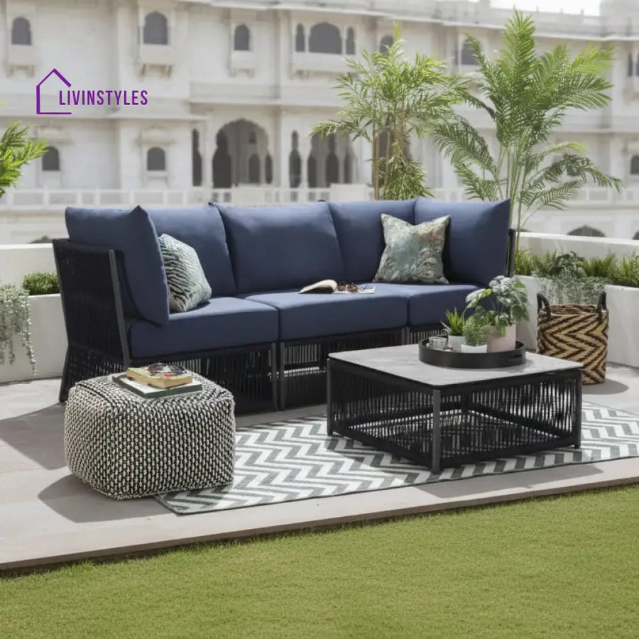 Adán Outdoor Sofa Set 3 Seater and 1 Center Table Set (Blue) Braided & Rope - Sofa Sets