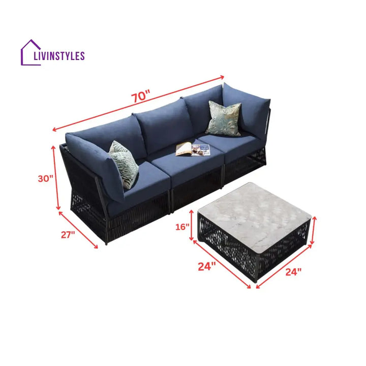 Adán Outdoor Sofa Set 3 Seater and 1 Center Table Set (Blue) Braided & Rope - Sofa Sets