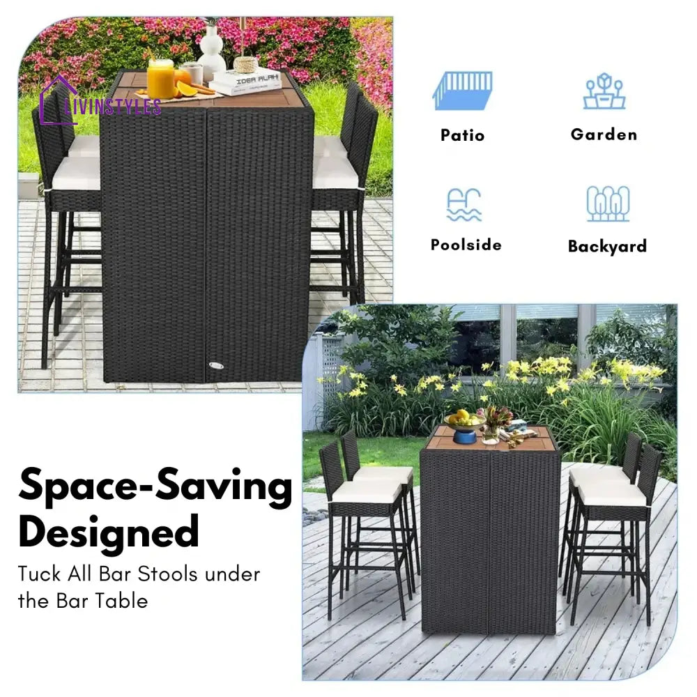 Addison 5-Piece Outdoor Rattan Wicker Bar Set with Wooden Top Table - Bar Set