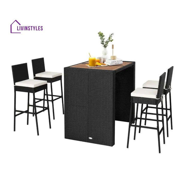 Addison 5-Piece Outdoor Rattan Wicker Bar Set with Wooden Top Table - Bar Set