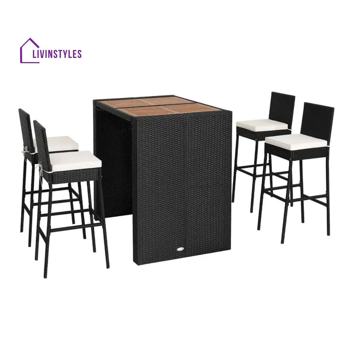 Addison 5-Piece Outdoor Rattan Wicker Bar Set with Wooden Top Table - Bar Set