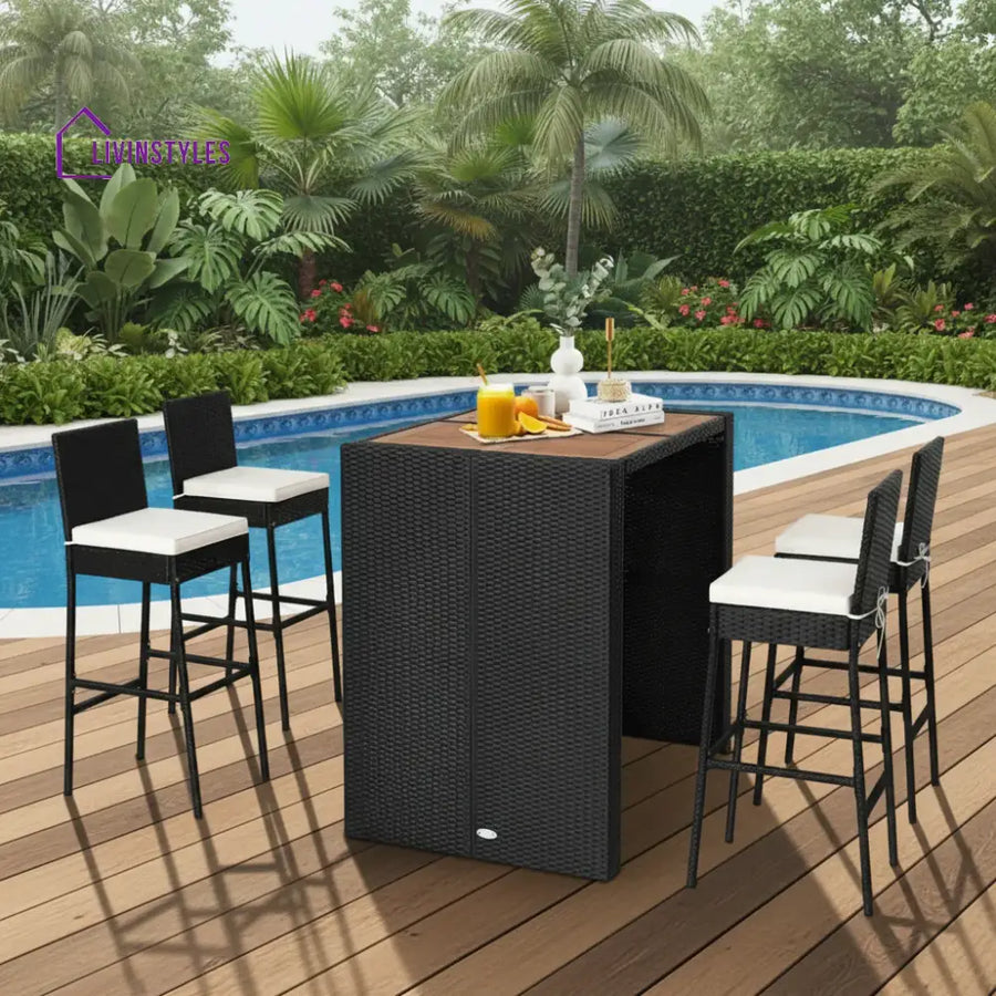 Addison 5-Piece Outdoor Rattan Wicker Bar Set with Wooden Top Table - Bar Set