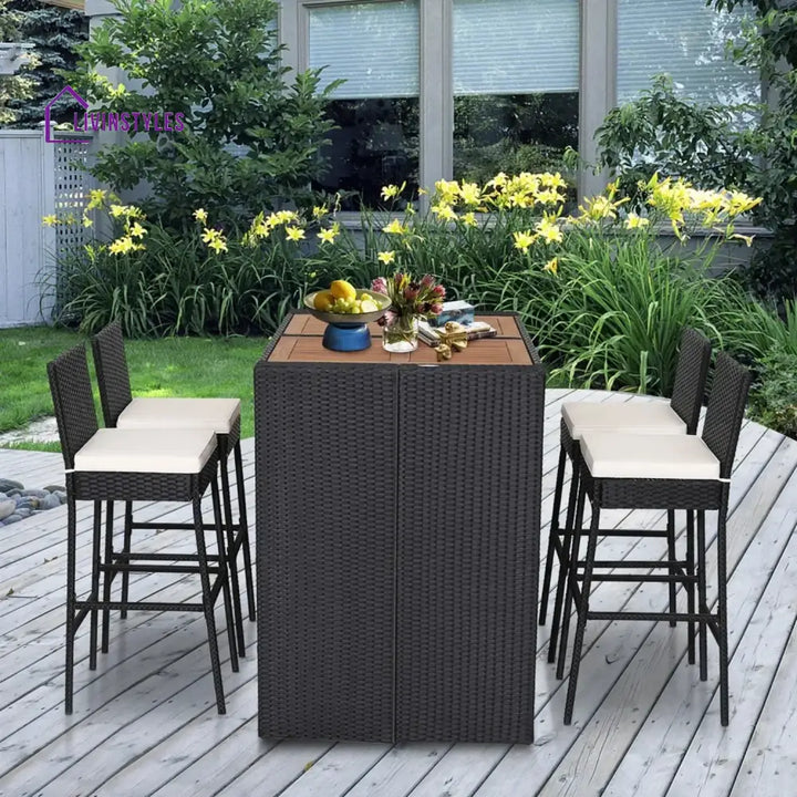 Addison 5-Piece Outdoor Rattan Wicker Bar Set with Wooden Top Table - Bar Set