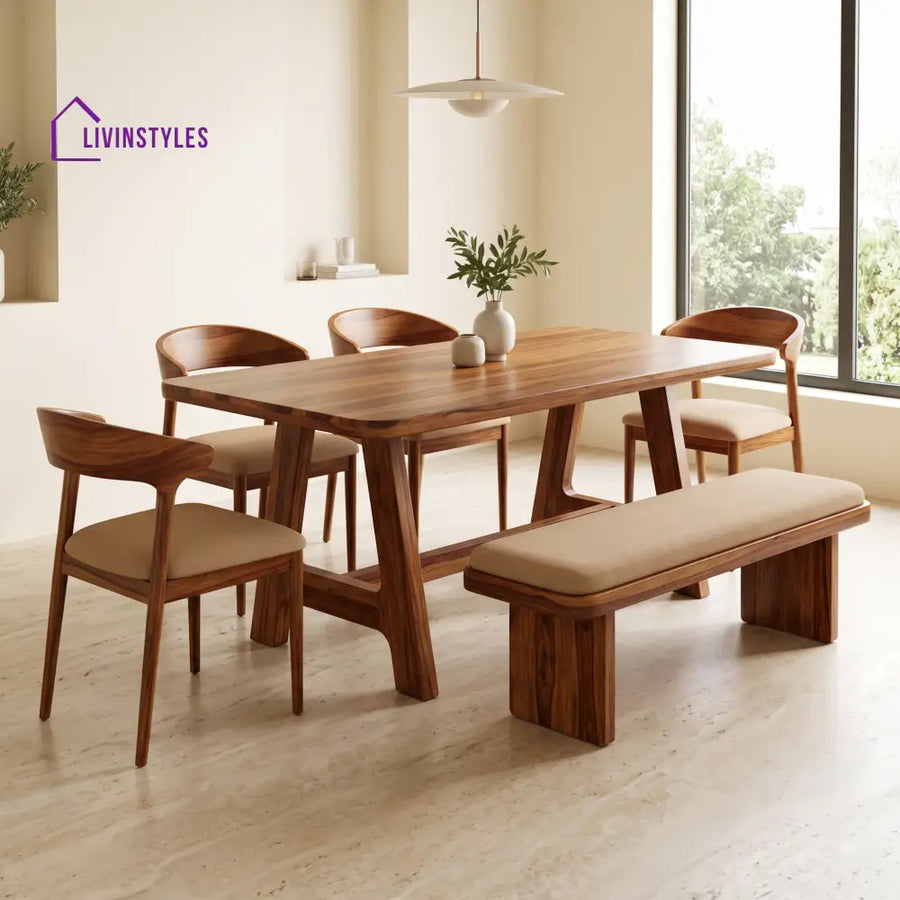 Adebisi Wooden 6 Seater Dining Table Set | 4 Chairs and 1 Bench | Table 72 X 36 X 30 Inch