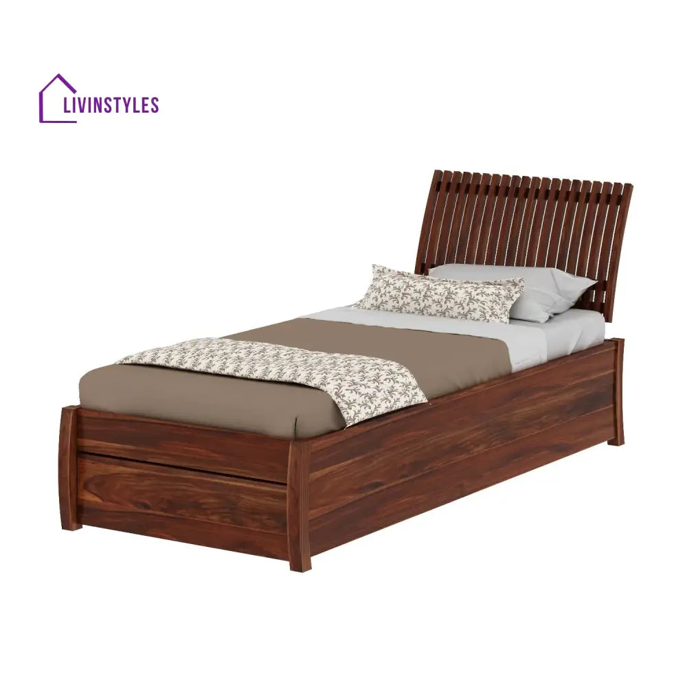 Adela Solid Sheesham Wood Single Bed With Drawer Storage (Natural Finish) Bed