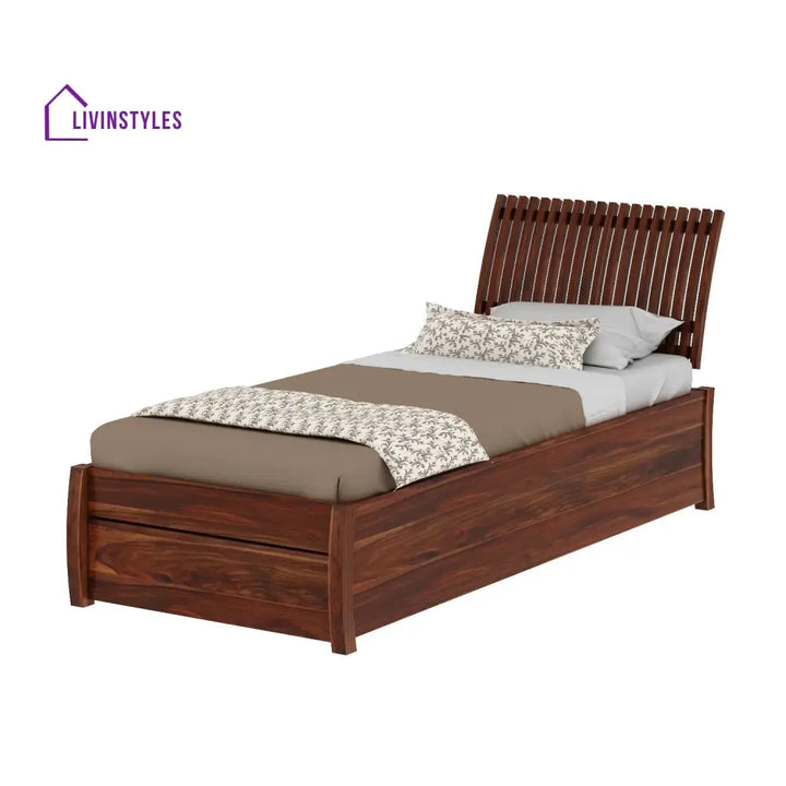 Adela Solid Sheesham Wood Single Bed With Drawer Storage (Natural Finish) Bed